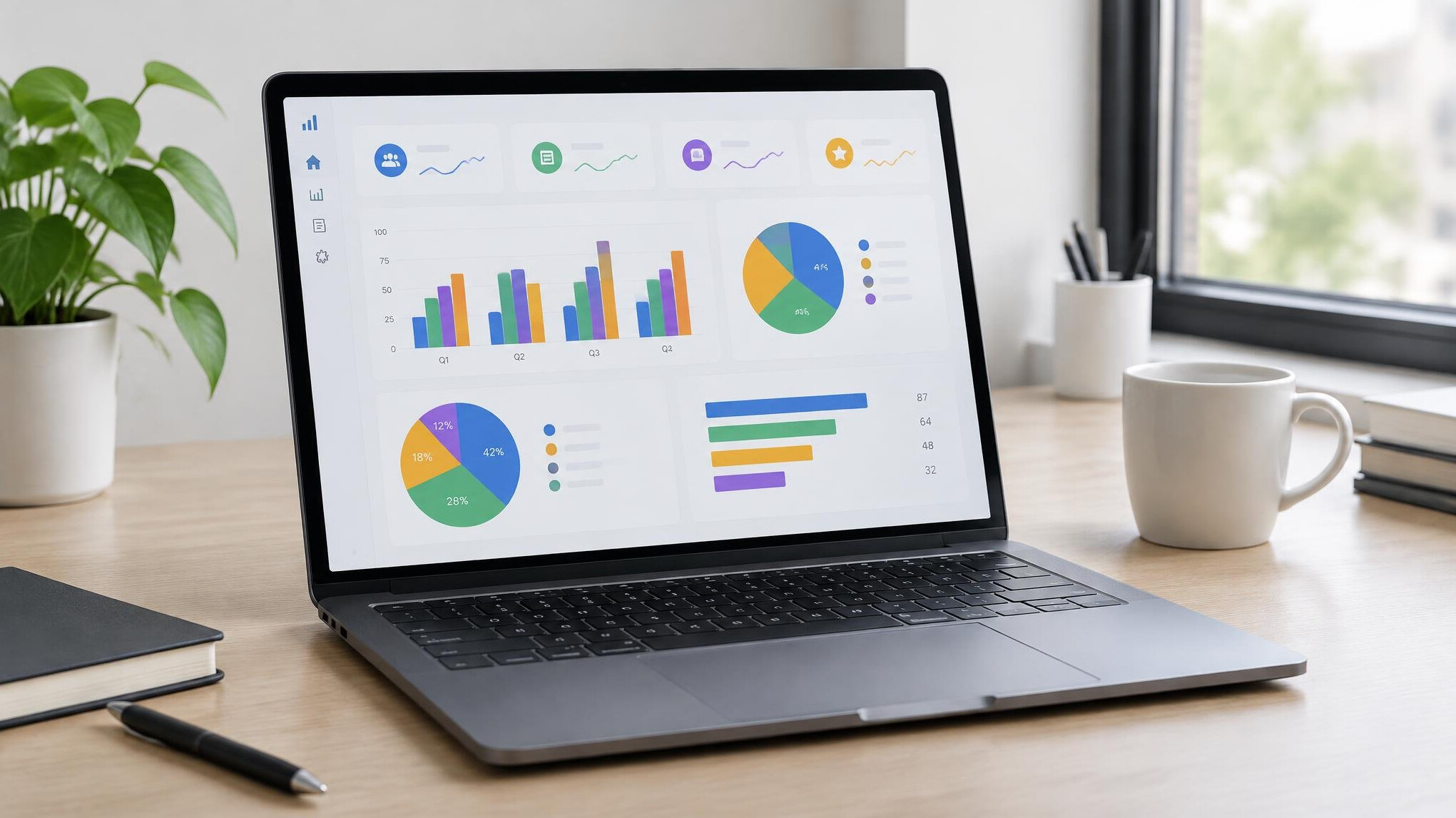 Data visualization dashboard showing survey statistics and charts on a laptop screen